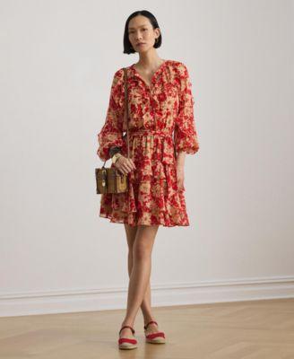 lauren ralph lauren womens print ruffle trim band collar tiered dress