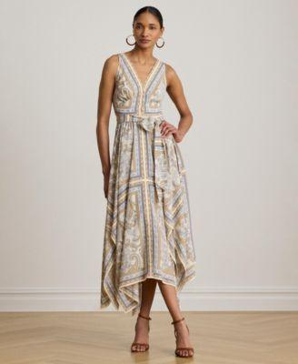 lauren ralph lauren womens sleeveless handkerchief hem midi dress