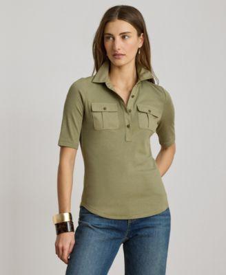 lauren ralph lauren womens slim fit short sleeve collared top