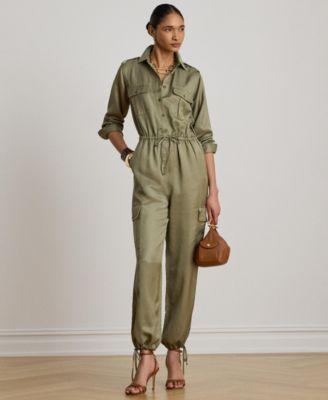lauren ralph lauren womens spread collar shantung cargo jumpsuit