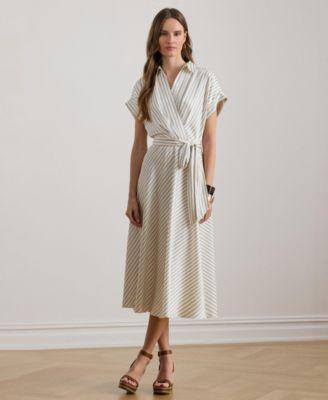 lauren ralph lauren womens striped belted twill dress