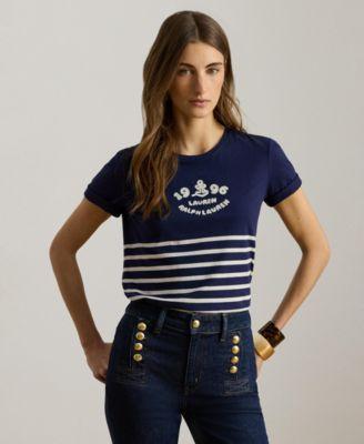 lauren ralph lauren womens striped embroidered logo crewneck t shirt
