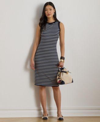 lauren ralph lauren womens striped snap trim crewneck sheath dress