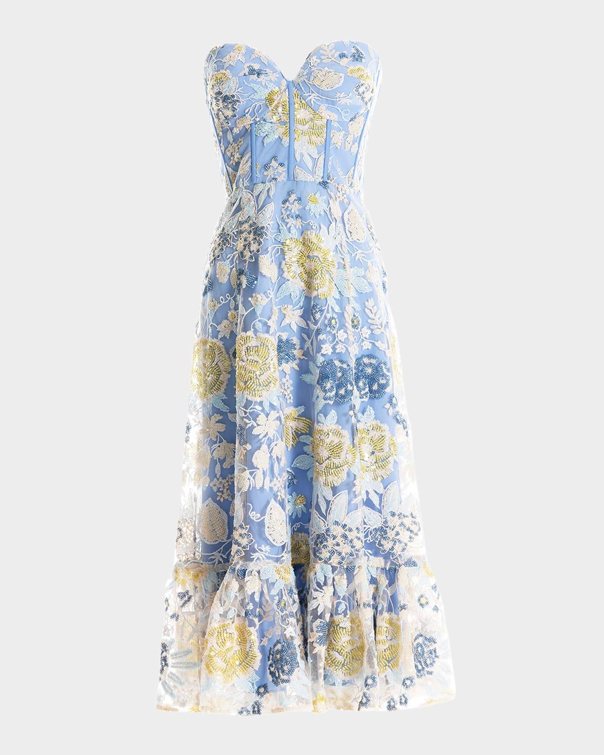 lauren strapless sequin embroidered midi dress