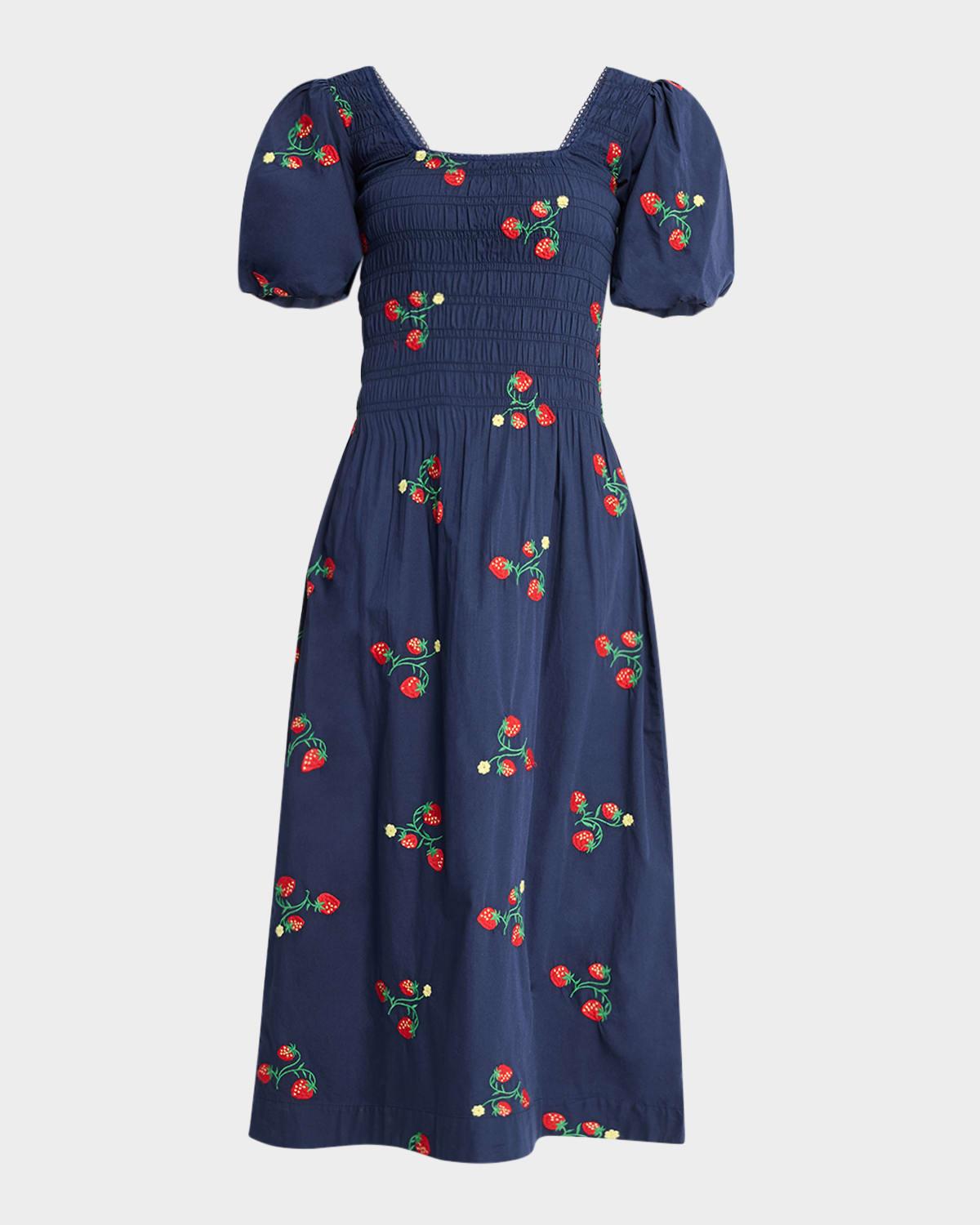 lauren strawberry puff-sleeve midi dress