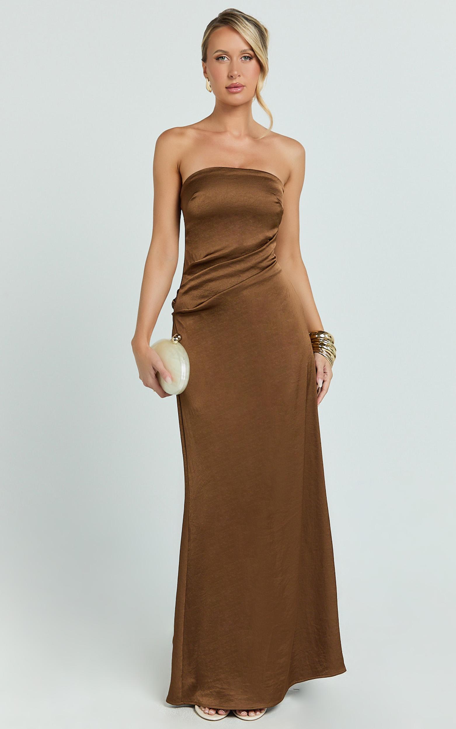 laurie maxi dress - strapless draped satin dress in chocolate