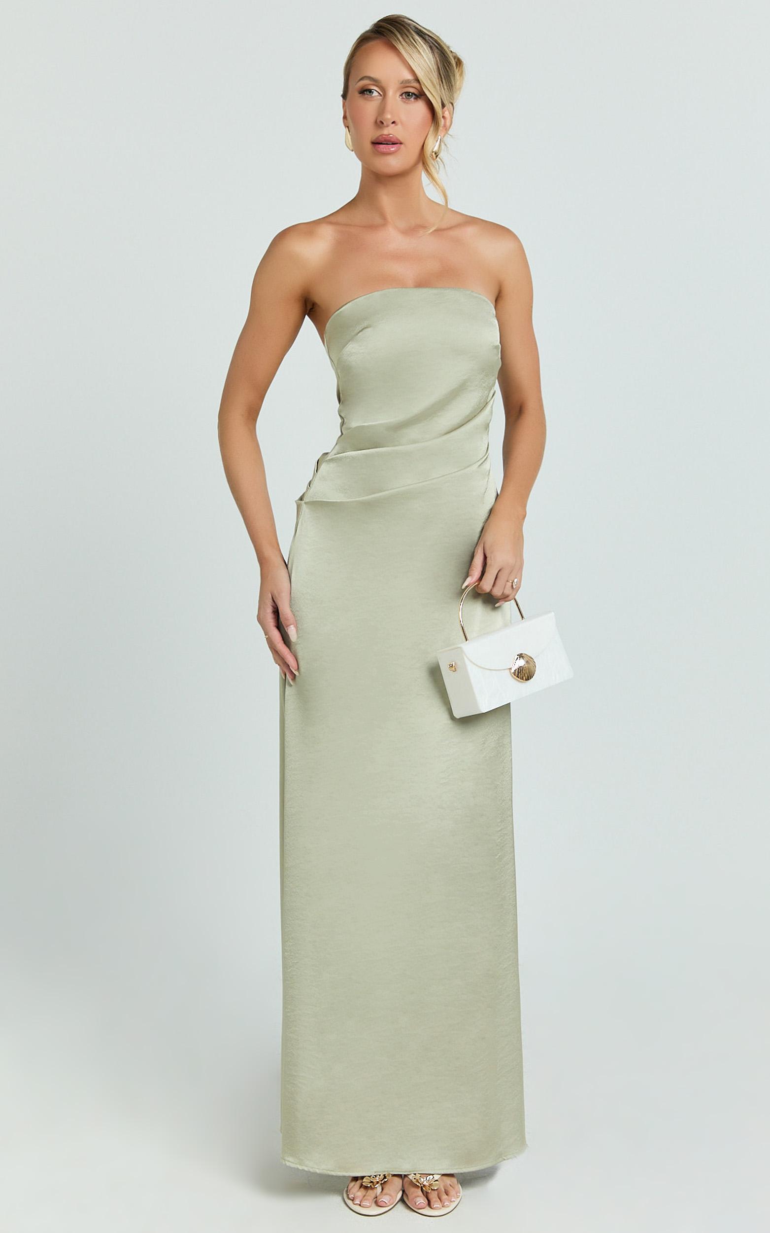laurie maxi dress - strapless draped satin dress in light olive