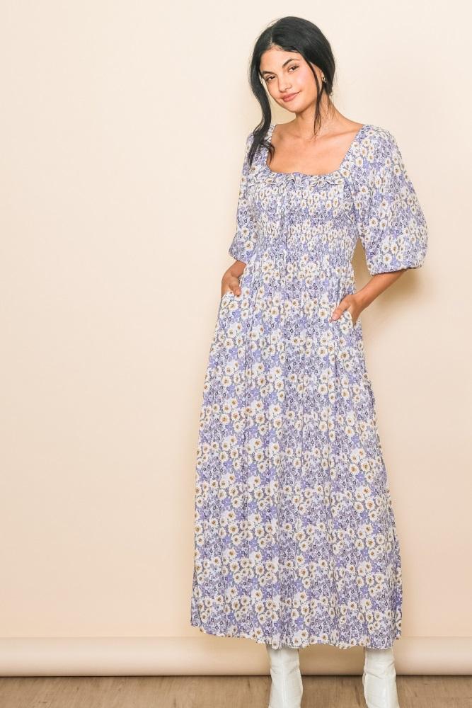 lavender abstract floral smocked maxi dress
