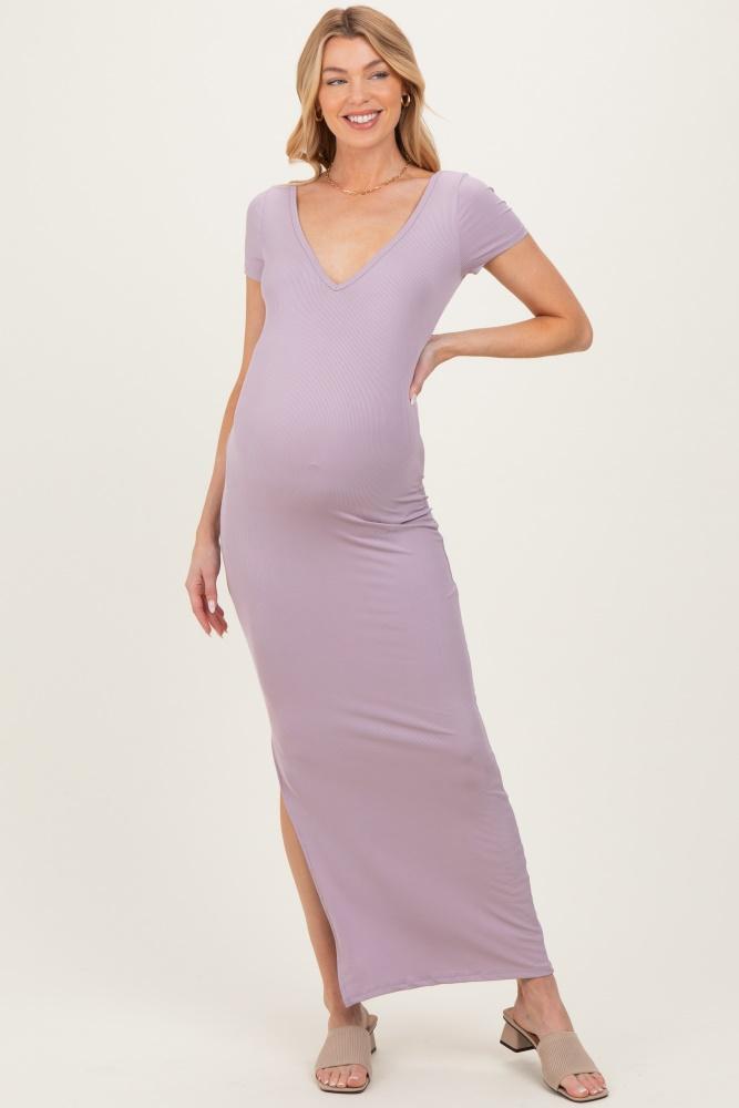lavender basic ribbed side slit maternity midi dress