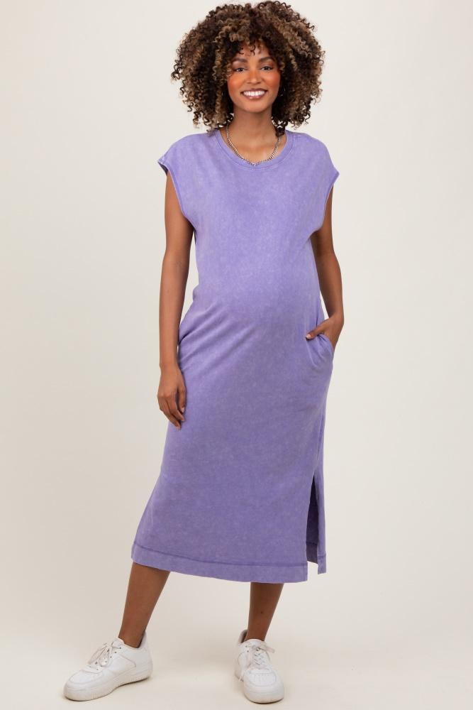 lavender casual sleeveless pocketed maternity midi dress