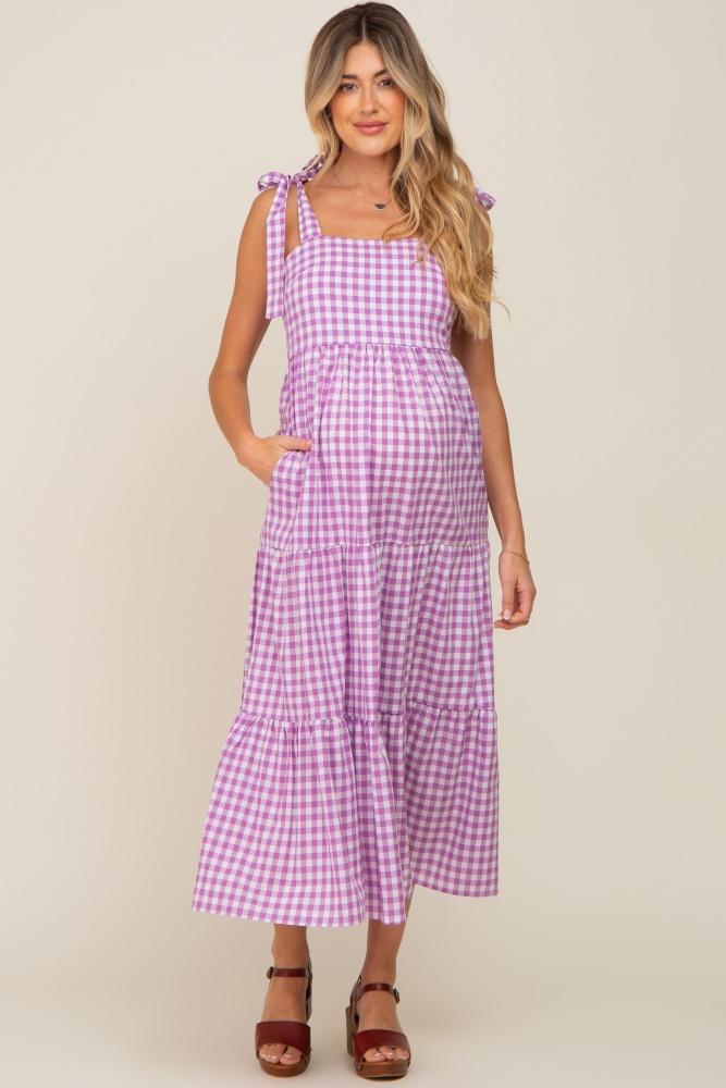 lavender checkered sleeveless tiered maternity maxi dress