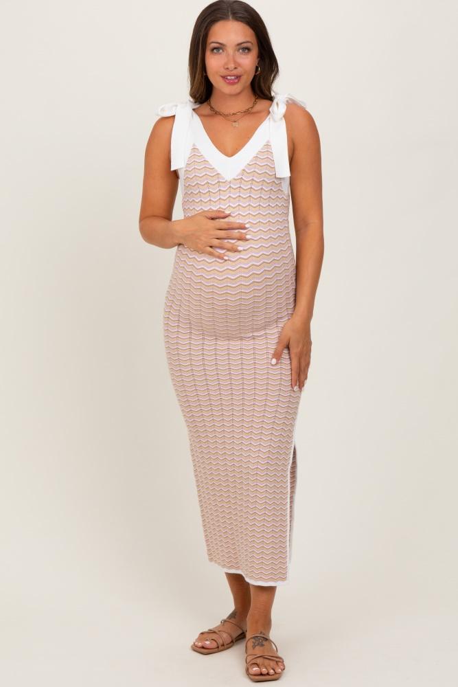 lavender chevron knit shoulder tie maternity midi dress