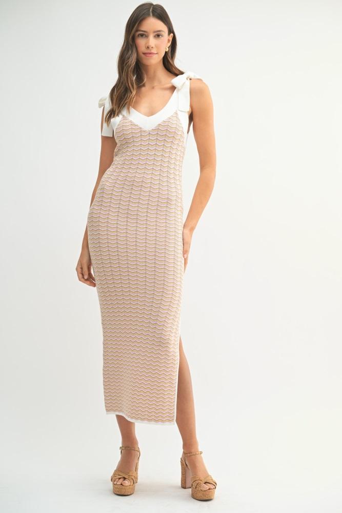 lavender chevron knit shoulder tie midi dress