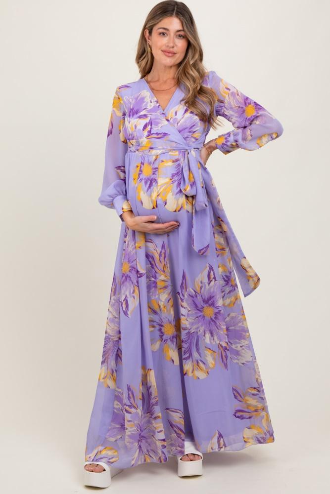 lavender floral chiffon sash tie maternity wrap maxi dress