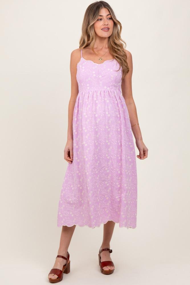 lavender floral embroidered scallop detail maternity midi dress