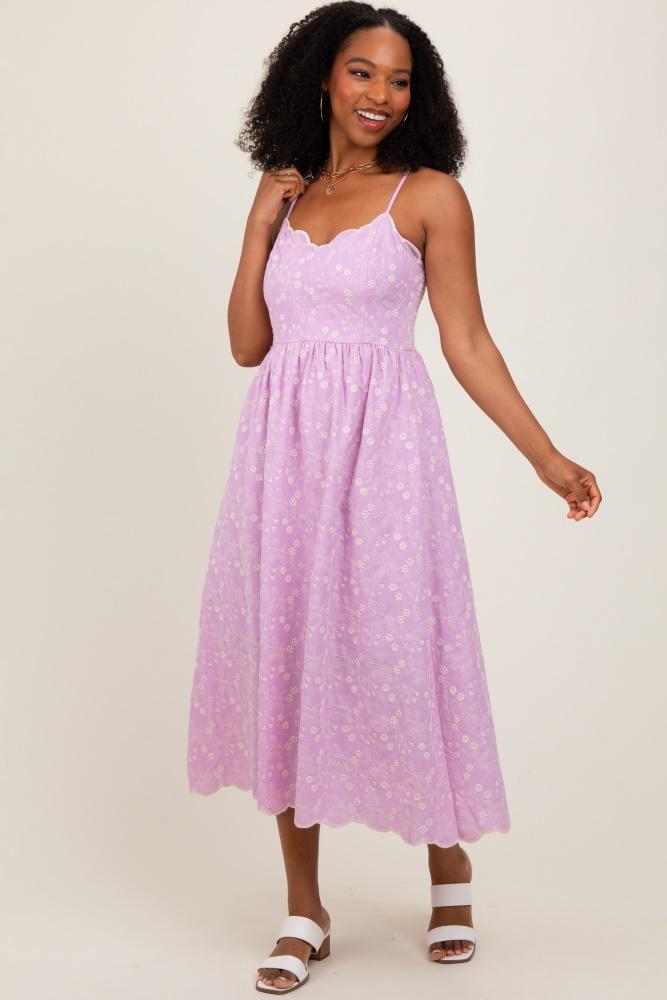 lavender floral embroidered scallop detail midi dress