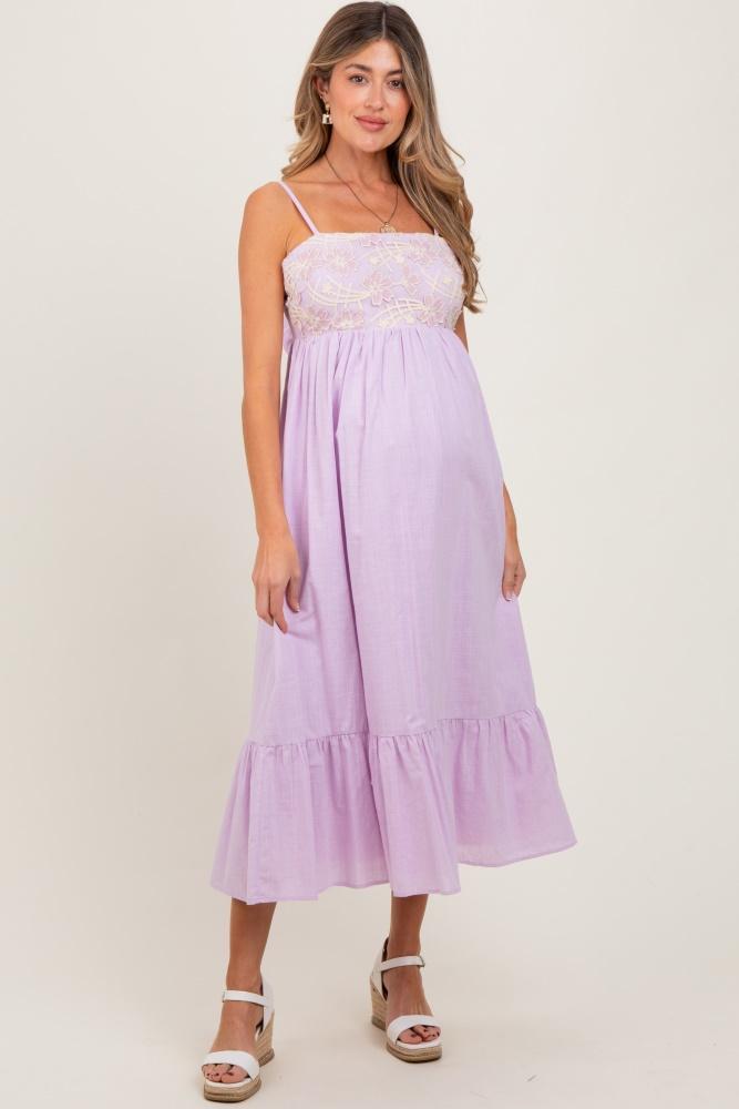 lavender floral embroidery back ribbon maternity midi dress