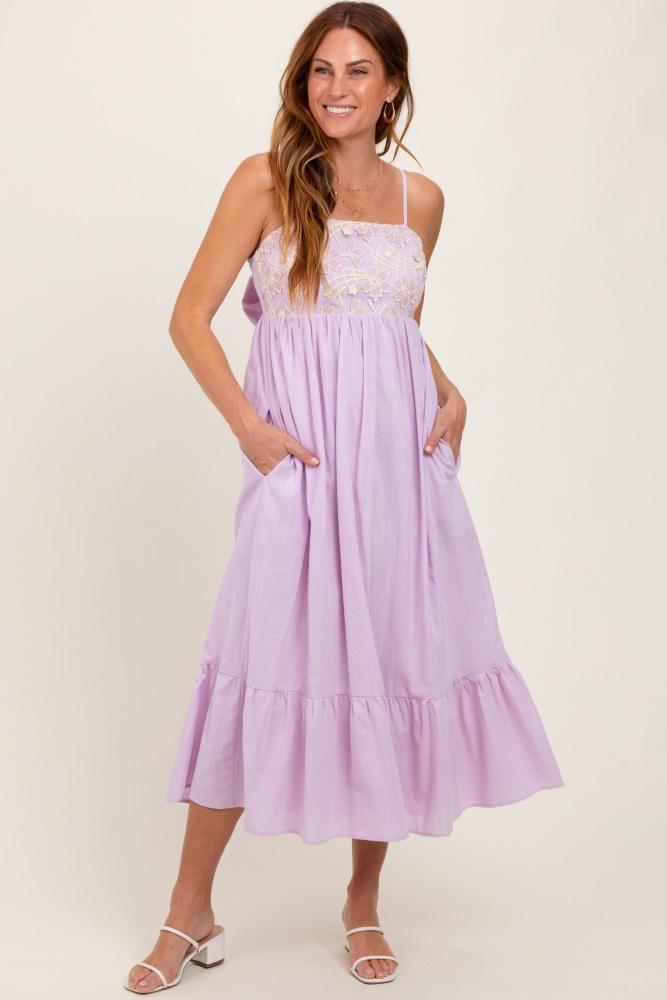 lavender floral embroidery back ribbon midi dress