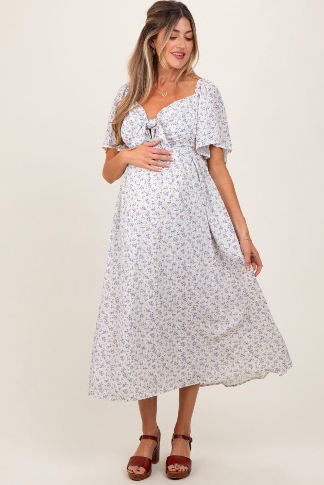 lavender floral front tie maternity midi dress