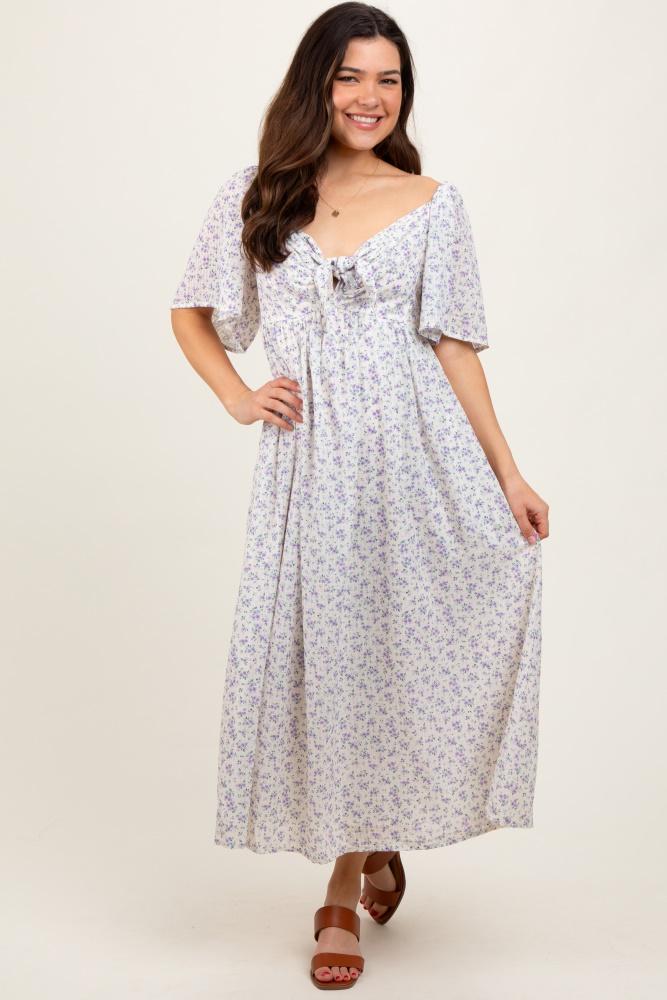 lavender floral front tie midi dress