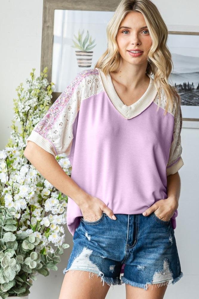 lavender floral lace inset short sleeve top