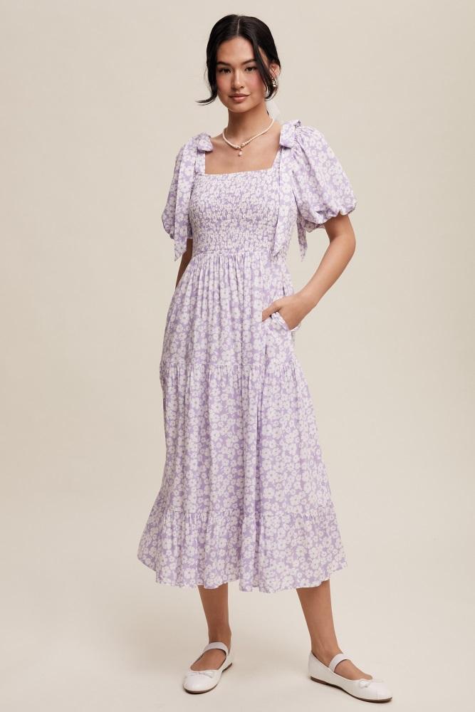 lavender floral off shoulder smocked dress