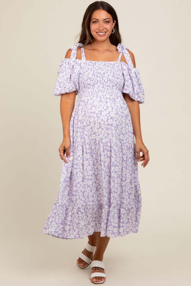 lavender floral off shoulder smocked maternity dress