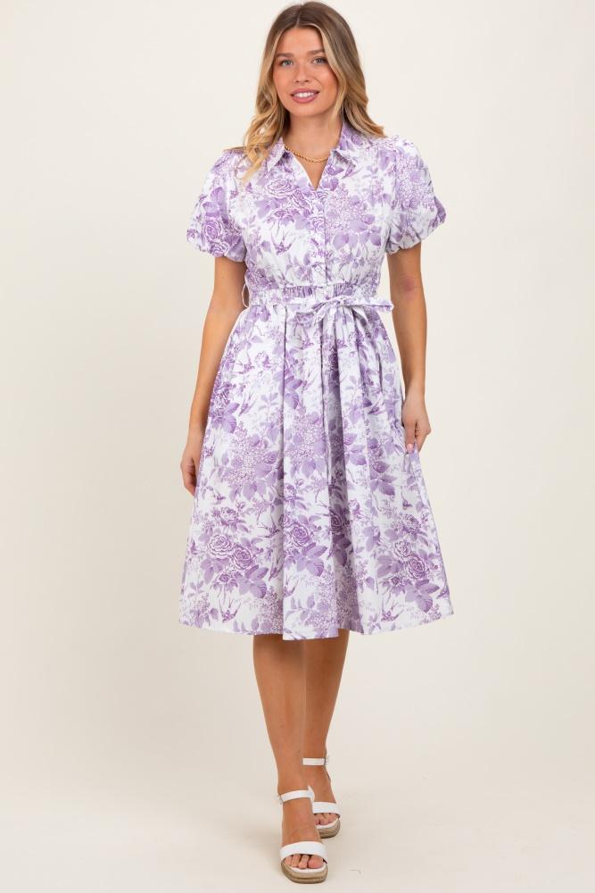 lavender floral print belted midi dress