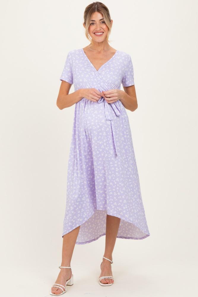 lavender floral print short sleeve hi-low maternity wrap dress