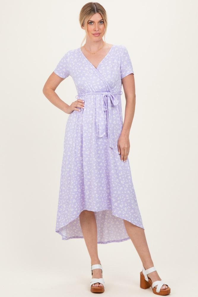 lavender floral print short sleeve hi-low wrap dress