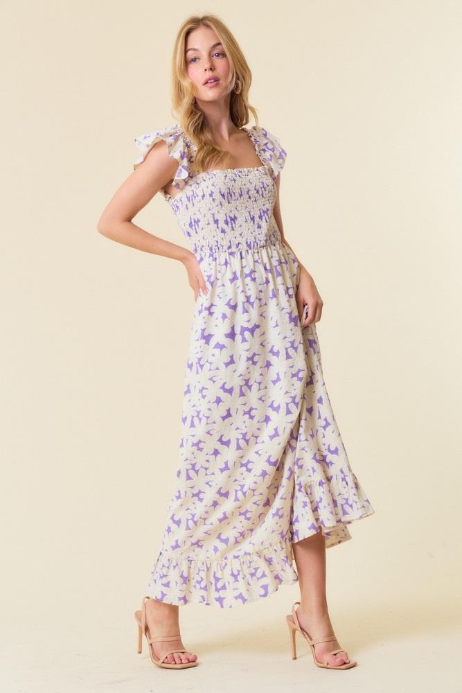 lavender floral print smocked ruffle sleeve maxi dress