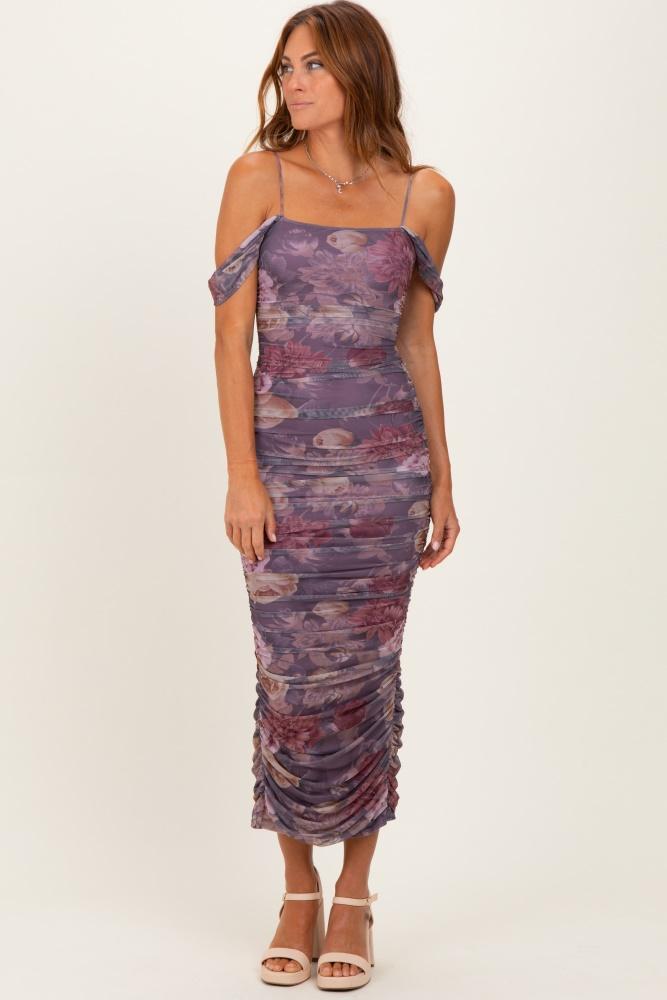 lavender floral ruched midi dress