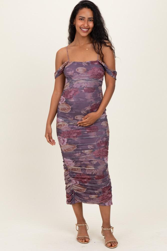 lavender floral ruched midi maternity dress