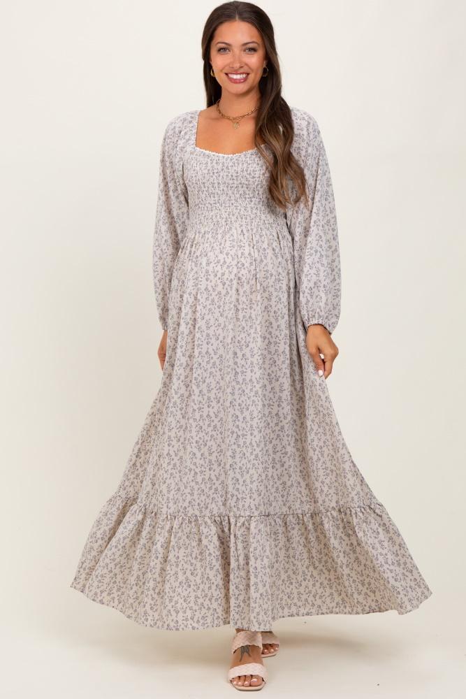 lavender floral smocked lace trim sweetheart maternity maxi dress