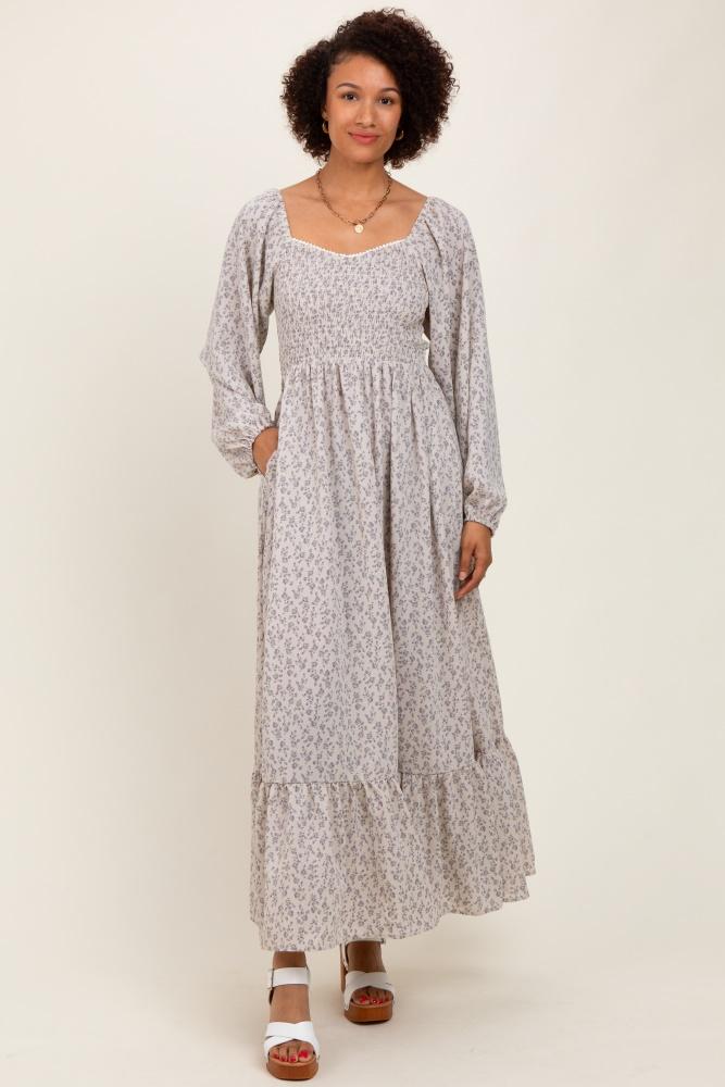lavender floral smocked lace trim sweetheart maxi dress