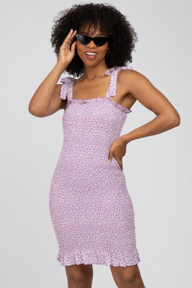 lavender floral smocked square neck tied strap dress