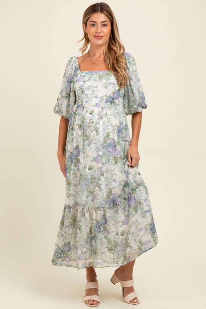 lavender floral square neck puffed sleeve maternity maxi dress