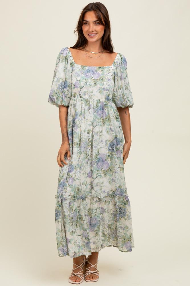 lavender floral square neck puffed sleeve maxi dress