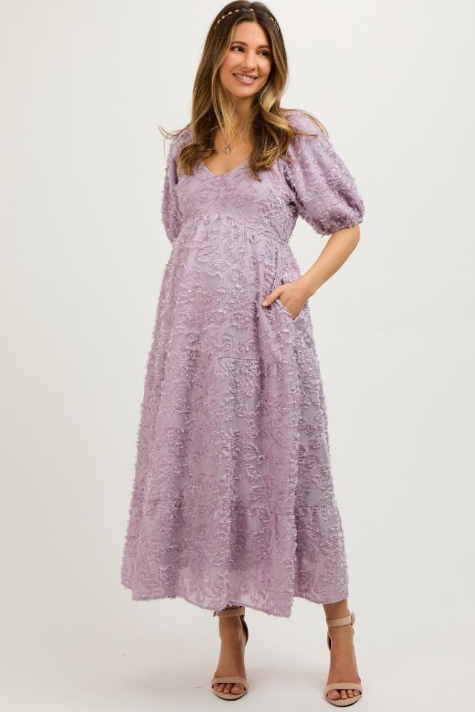 lavender fringe textured short puff sleeve maternity midi dress