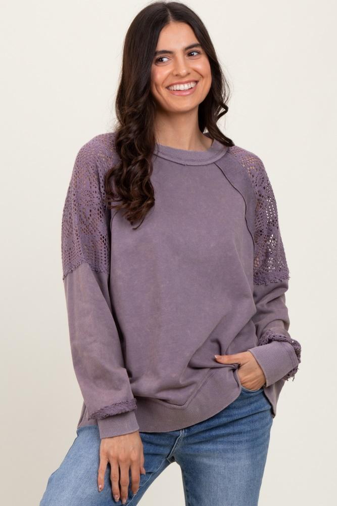 lavender lace inset exposed seam pullover top