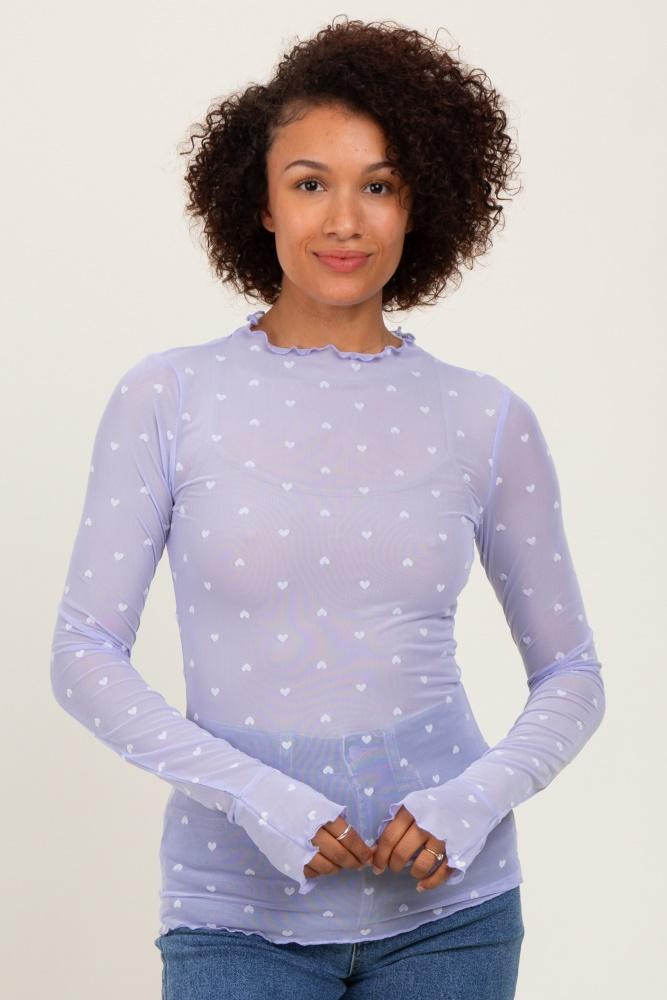 lavender mesh heart high neck long sleeve top