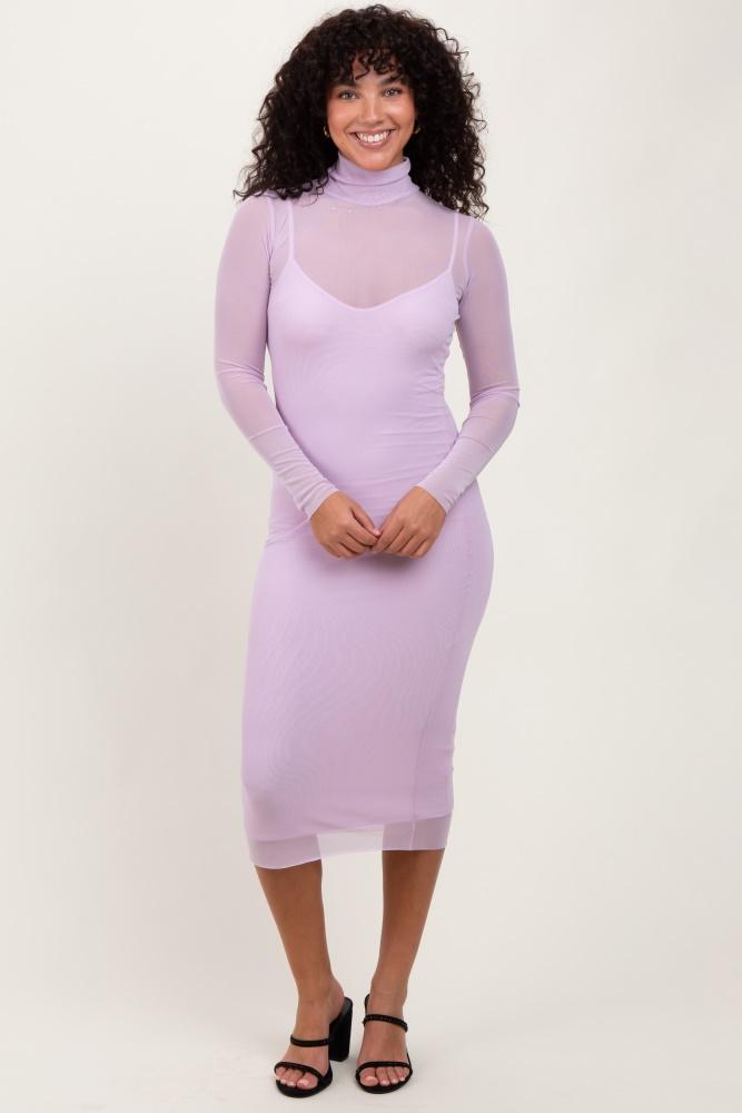 lavender mesh overlay fitted midi dress