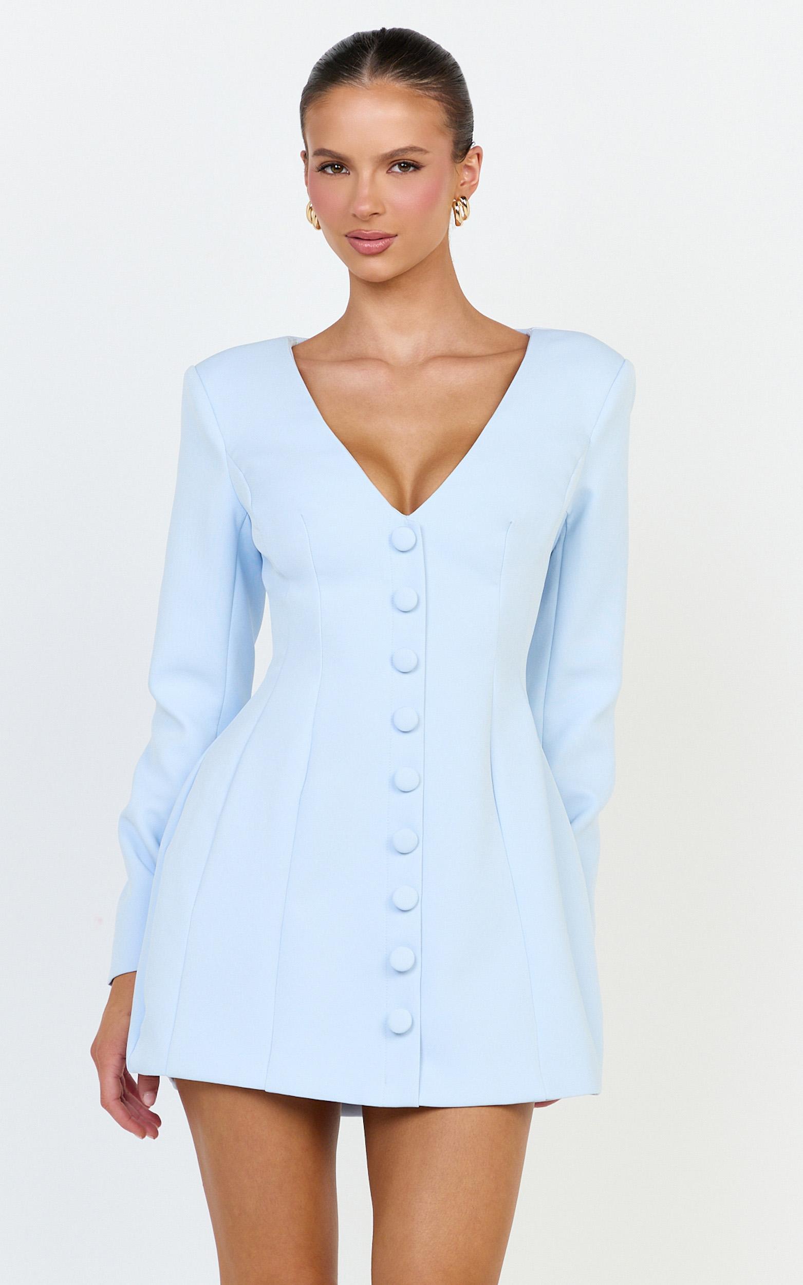 lavender mini dress - wide neck button down blazer dress in baby blue