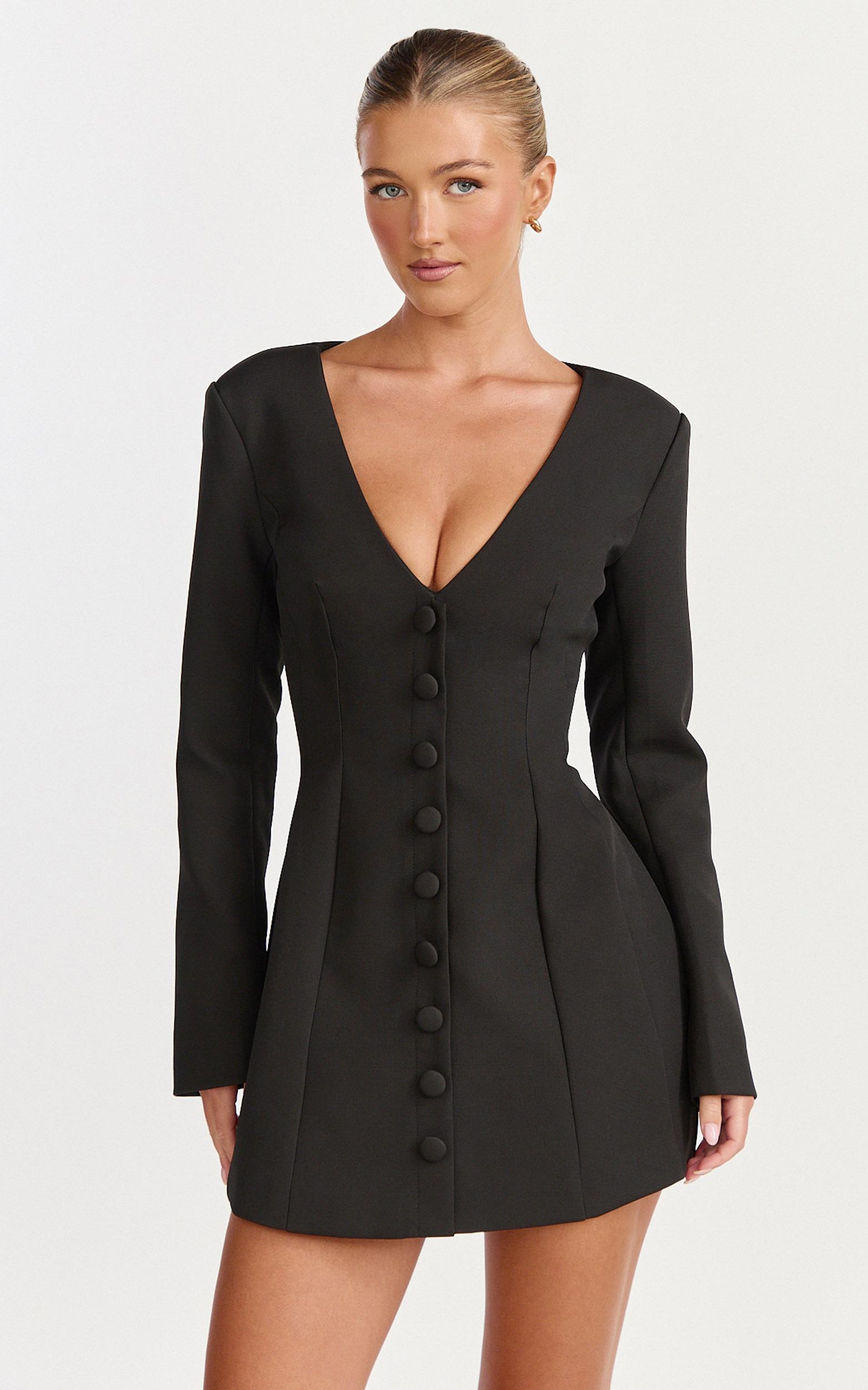 lavender mini dress - wide neck button down blazer dress in black