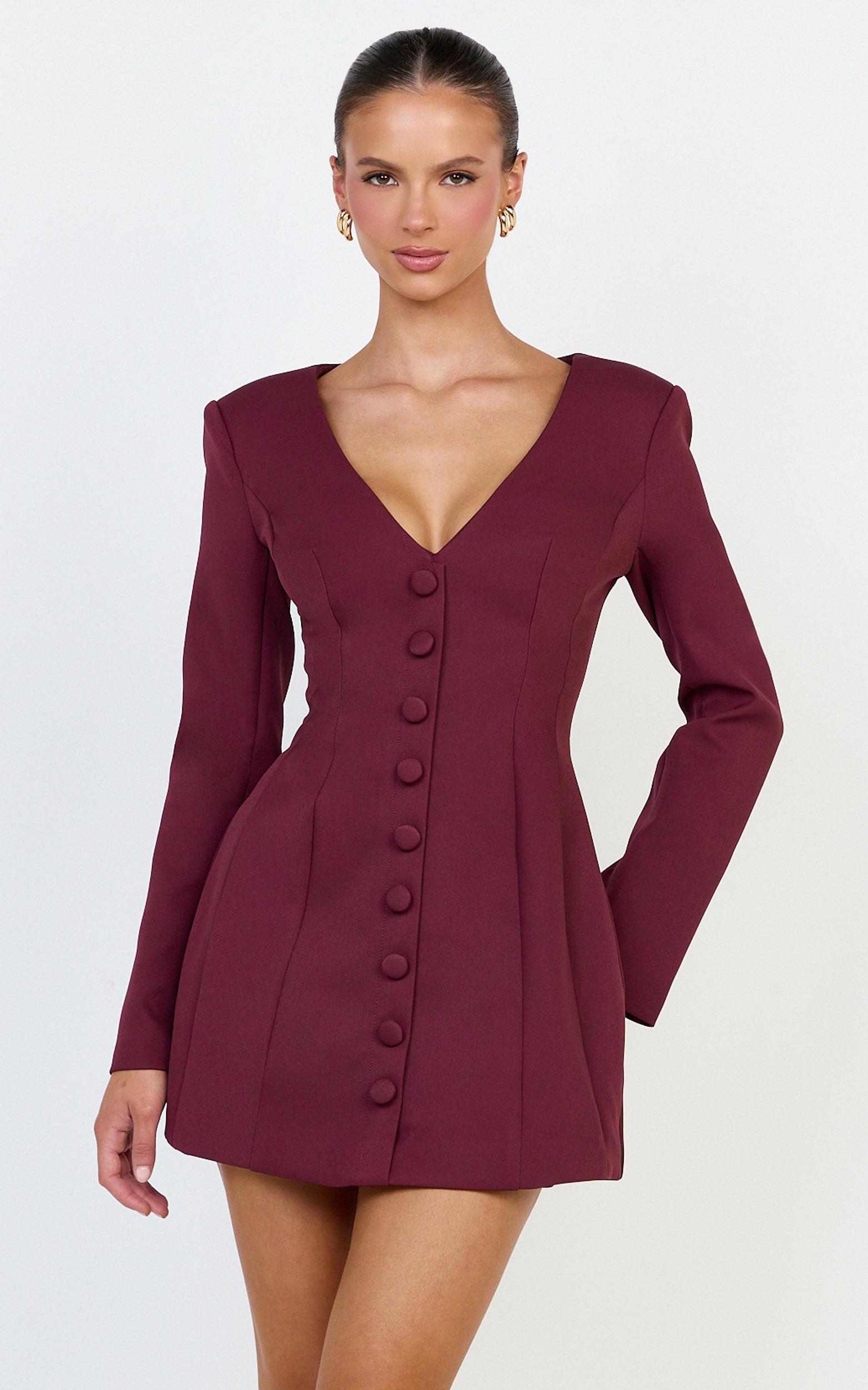 lavender mini dress - wide neck button down blazer dress in wine