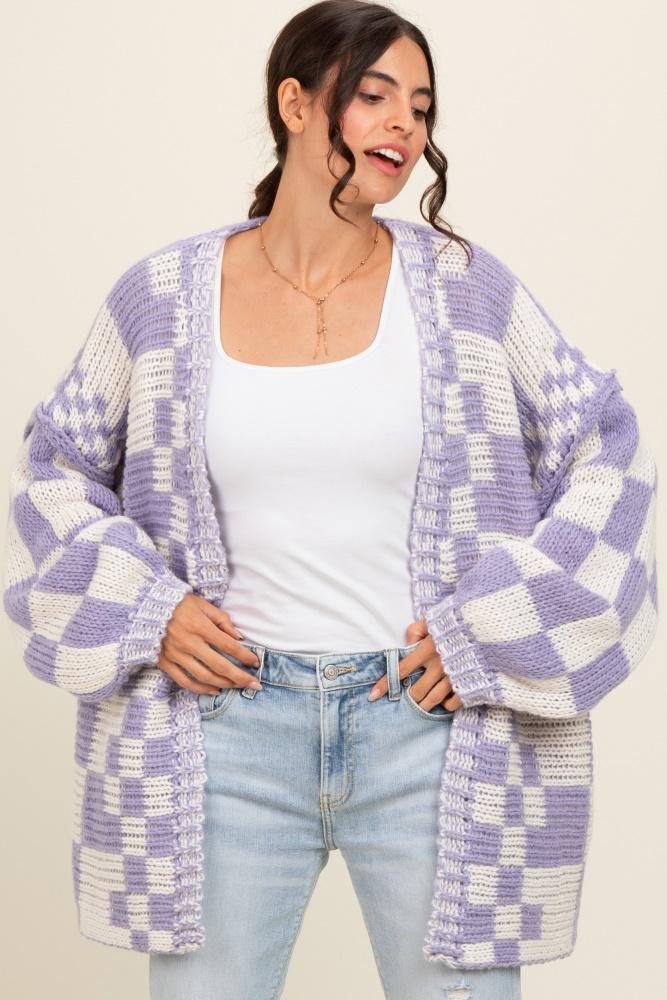 lavender mixed check pattern chunky cardigan