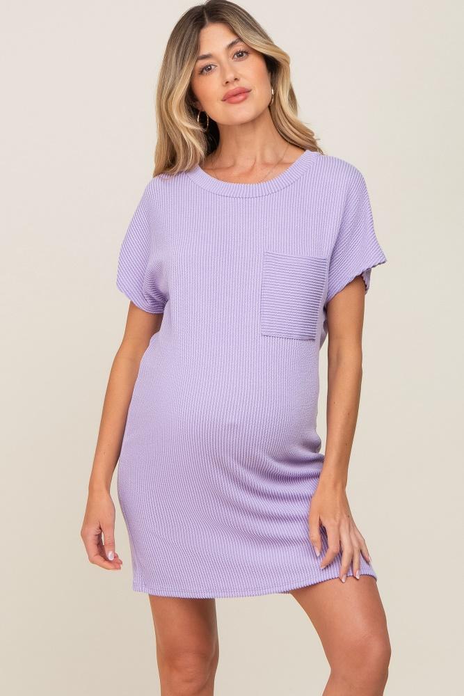 lavender ribbed front pocket dolman short sleeve maternity dress