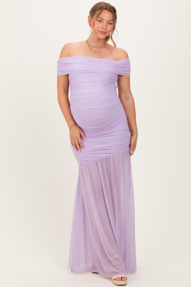 lavender ruched mesh off shoulder maternity maxi dress