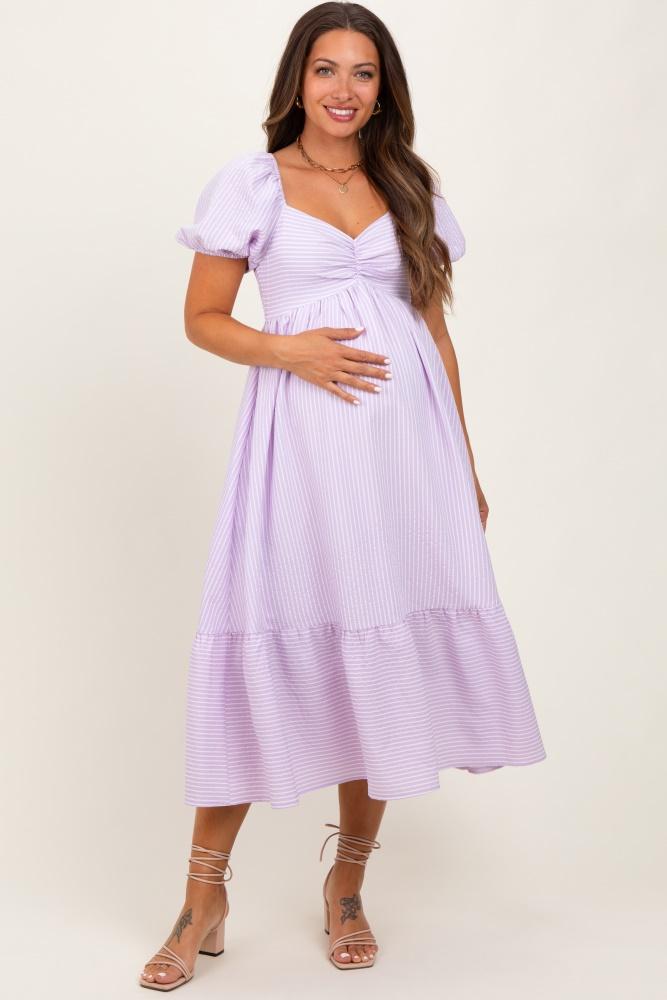 lavender sweetheart stripe smocked back maternity midi dress