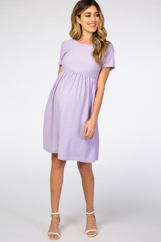 lavender swiss dot short sleeve maternity dress